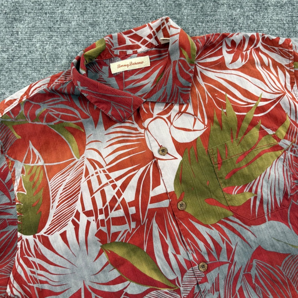 Tommy Bahama Mens XL Silk Tropical Leaf Print Camp Shirt Red Orange Short Sleeve